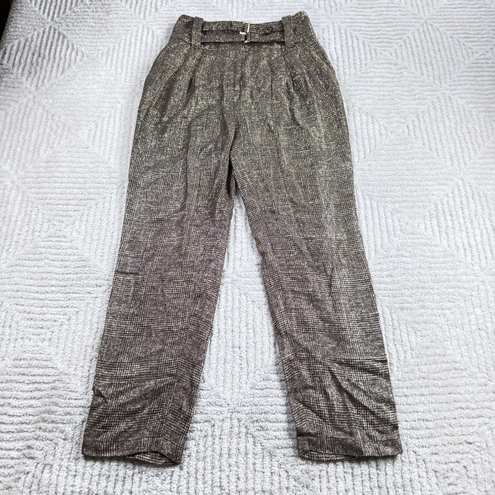 Pinko Trousers Women's 1 Gold Metallic Plaid Pleated Belted High Waist Luxury